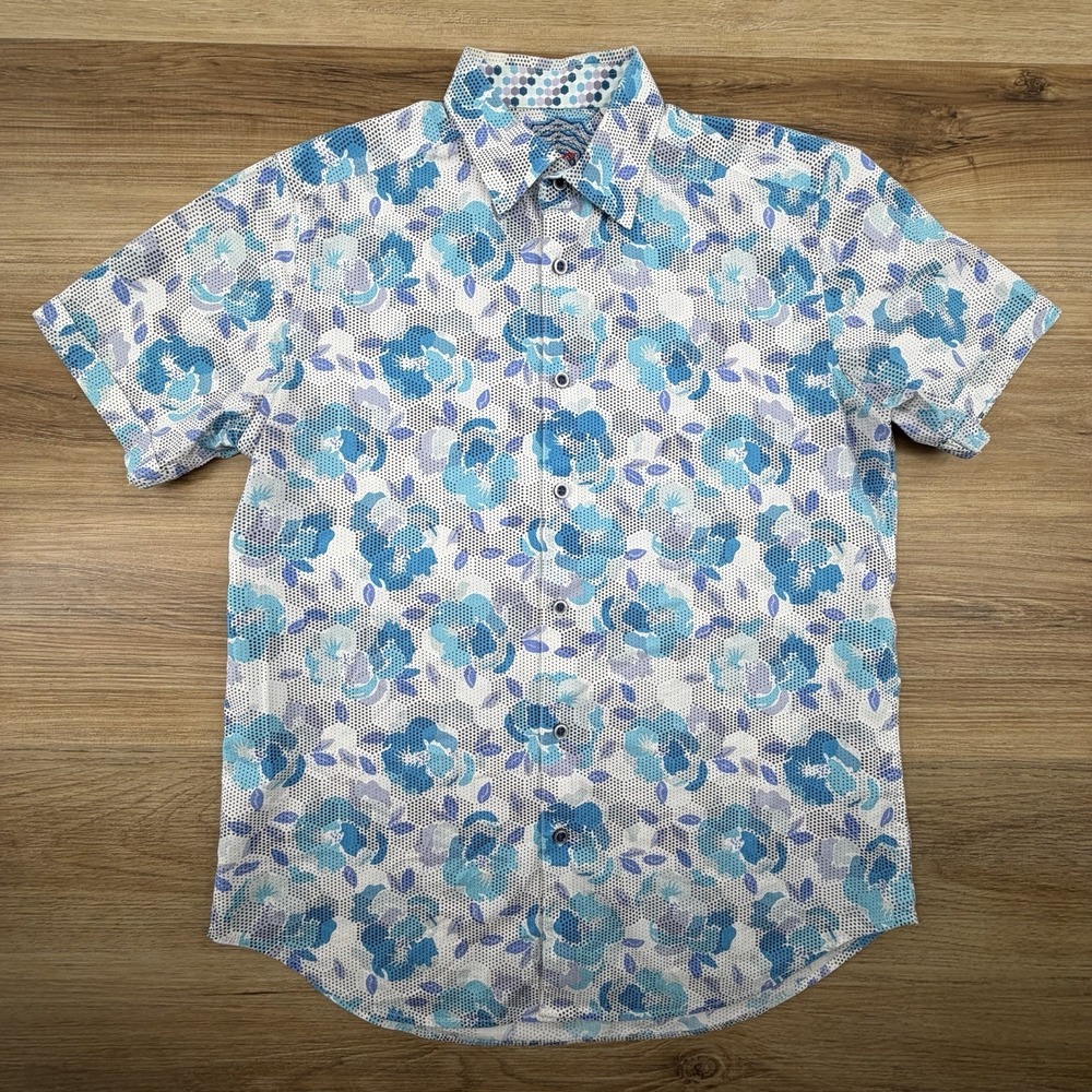 Robert Graham Blue White Floral Abstract Cotton S/S Button Front Size Small - Picture 2 of 7